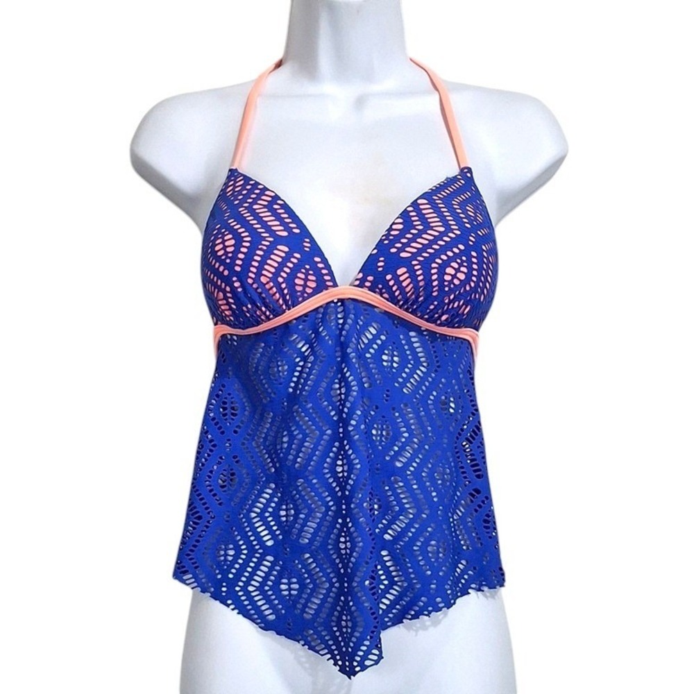 Arizona Jean Tankini Top Juniors Medium Blue Peach Crochet Halter Boho‎ Swimwear